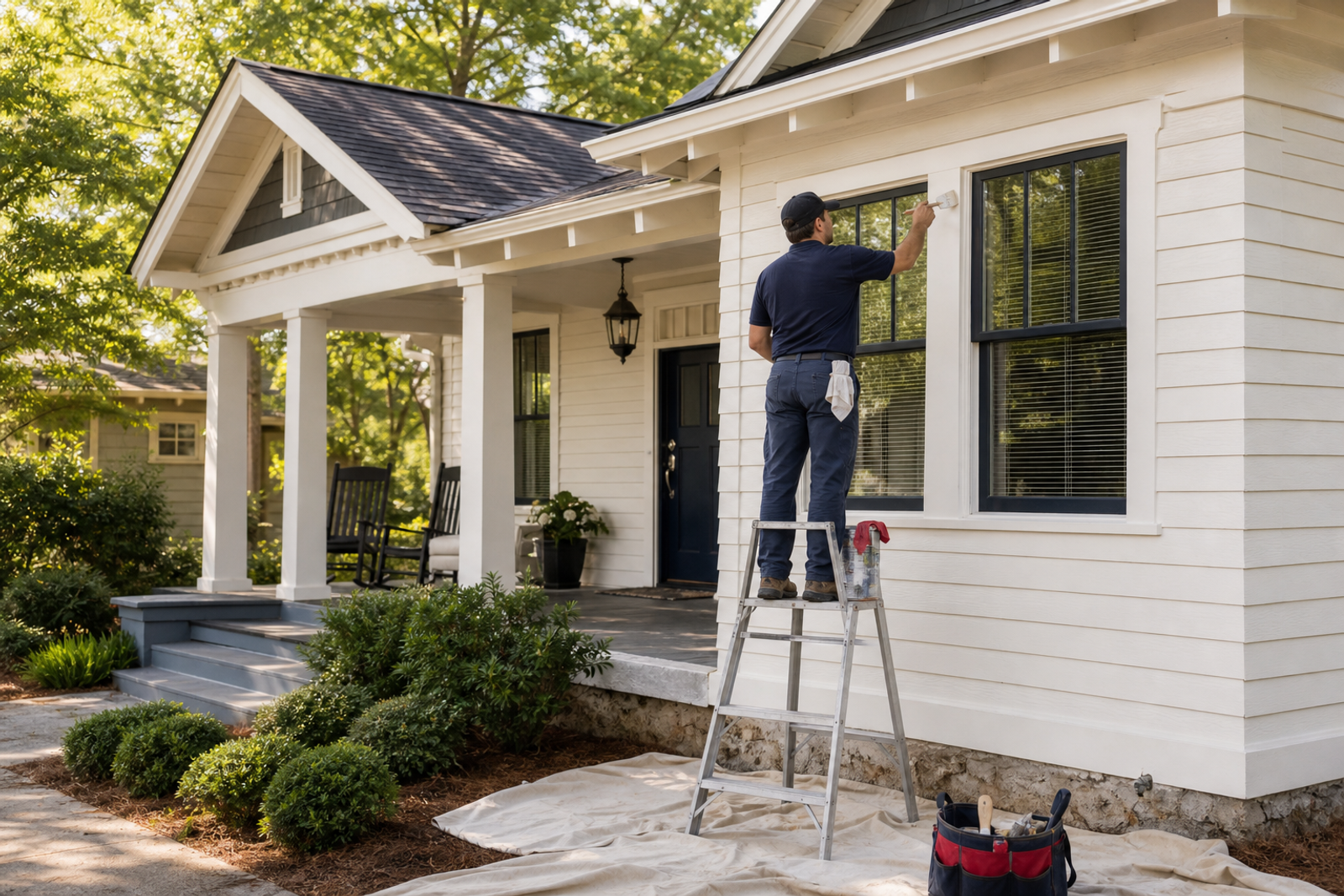 Representative image of a professional painter carefully painting exterior trim on a West Georgia-style home